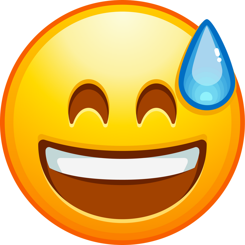 Top quality emoticon. Awkward emoji. Embarrassed laughing emoticon, yellow face with sweat drop.