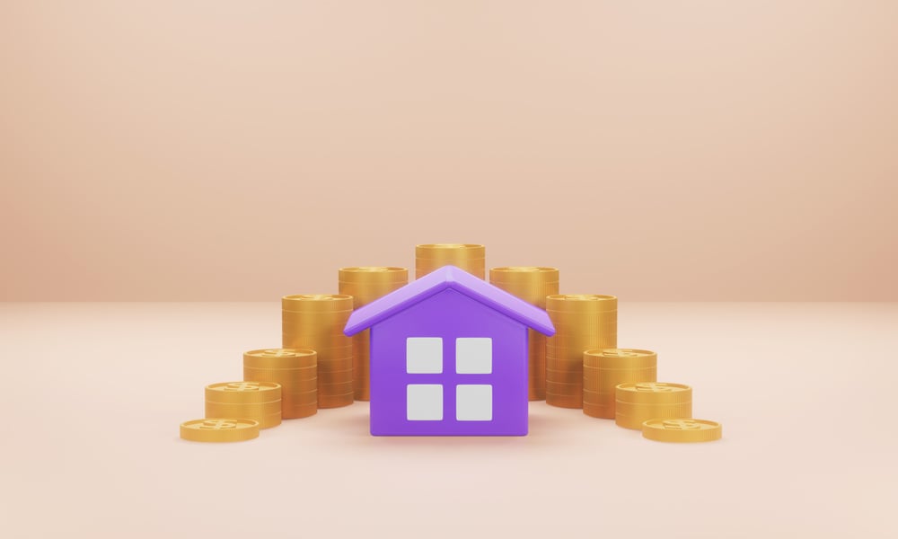 house with gold coin stacking 3D render minimal background for business loan concept financial, banking and investment with real estate.